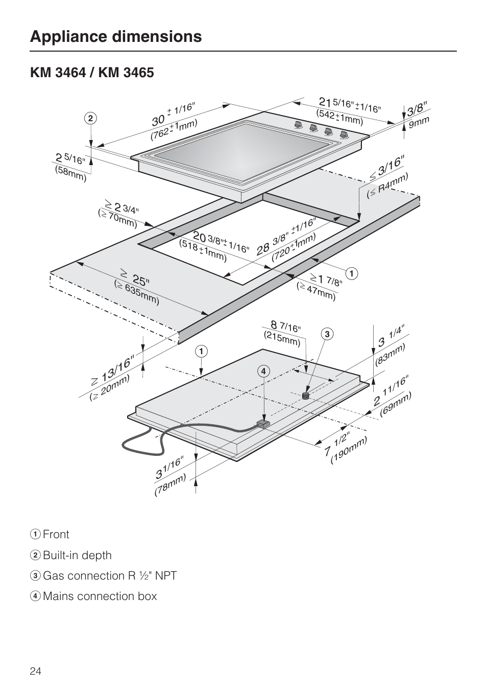 Appliance dimensions 24, Km 3464 / km 3465 24, Appliance dimensions | Ad b | Miele KM 3464 User Manual | Page 24 / 40