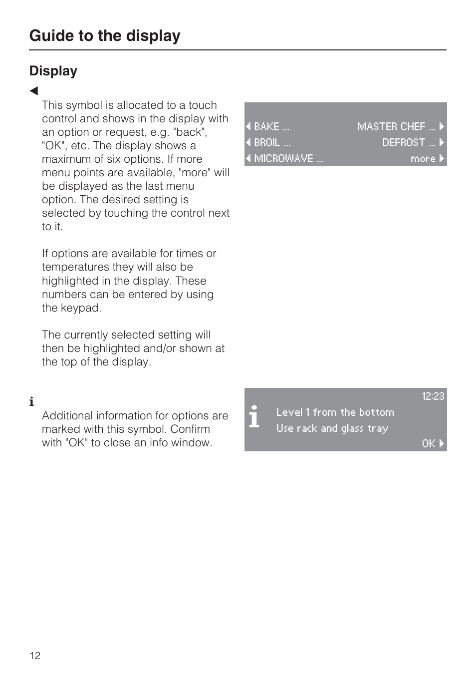 Guide to the display, Display | Miele H 4088 BM User Manual | Page 12 / 72