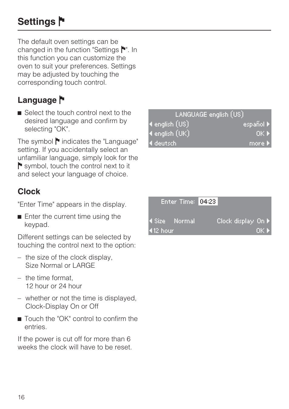 Settings j 16, Language j 16, Clock 16 | Settings j, Language j, Clock | Miele H 4088 BM User Manual | Page 16 / 72