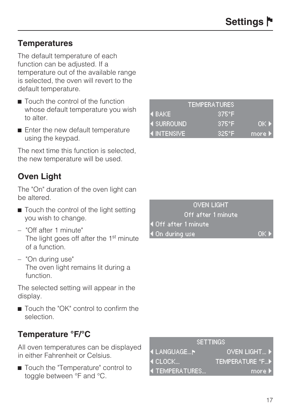 Temperatures 17, Oven light 17, Temperature °f/°c 17 | Settings j, Temperatures, Oven light, Temperature °f/°c | Miele H 4088 BM User Manual | Page 17 / 72