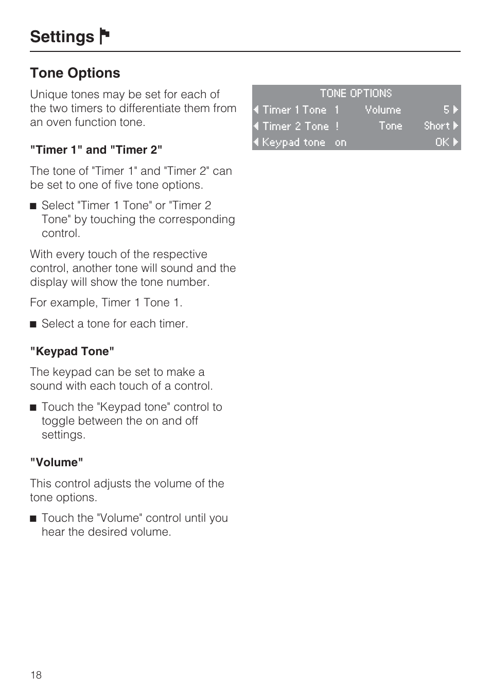 Tone options 18, Settings j, Tone options | Miele H 4088 BM User Manual | Page 18 / 72