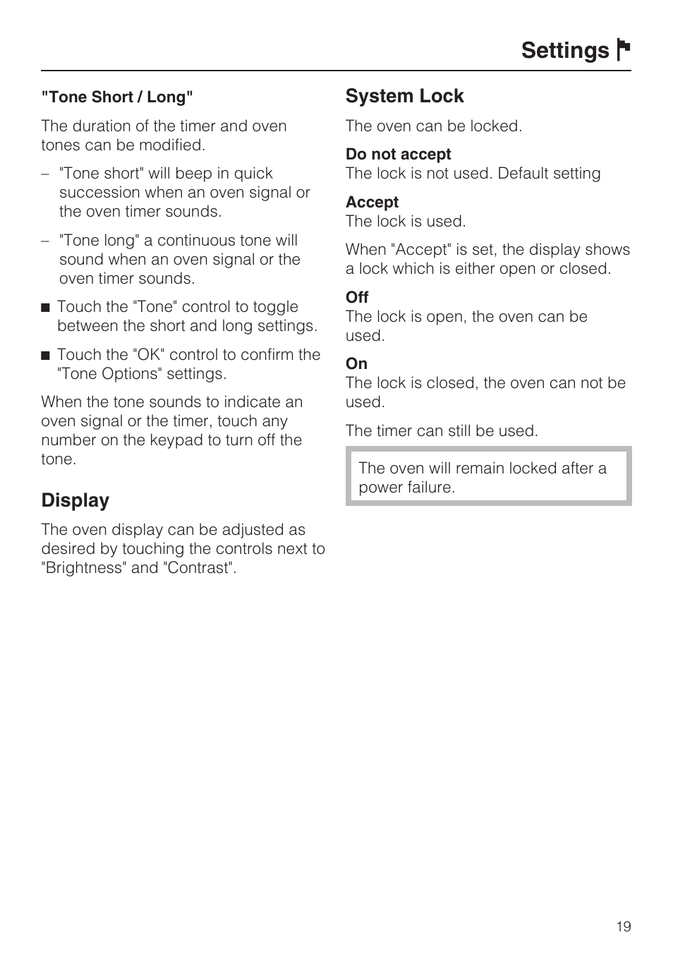 Display 19, System lock 19, Settings j | Display, System lock | Miele H 4088 BM User Manual | Page 19 / 72