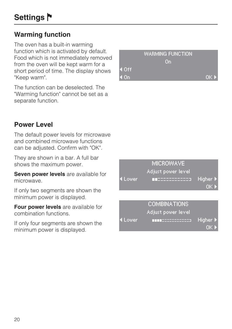 Warming function 20, Power level 20, Settings j | Warming function, Power level | Miele H 4088 BM User Manual | Page 20 / 72