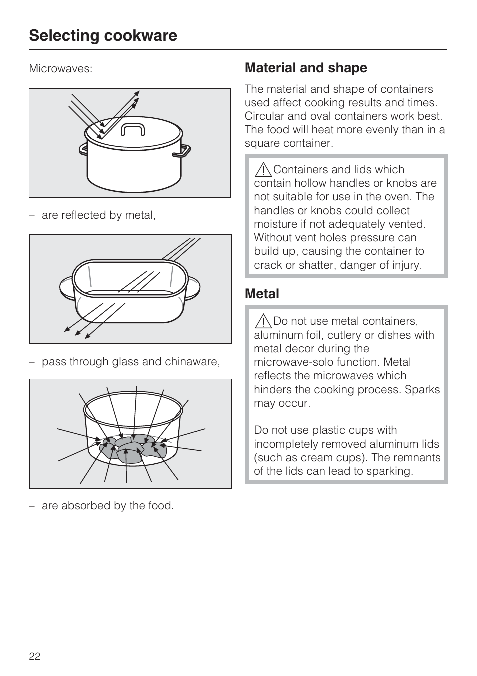 Selecting cookware 22, Selecting cookware | Miele H 4088 BM User Manual | Page 22 / 72