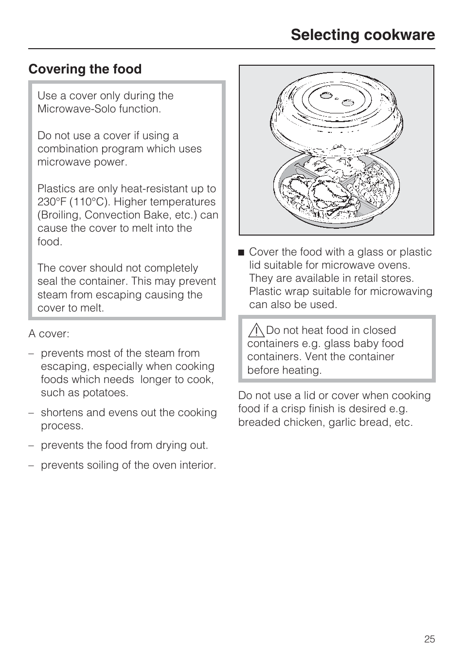 Selecting cookware, Covering the food | Miele H 4088 BM User Manual | Page 25 / 72