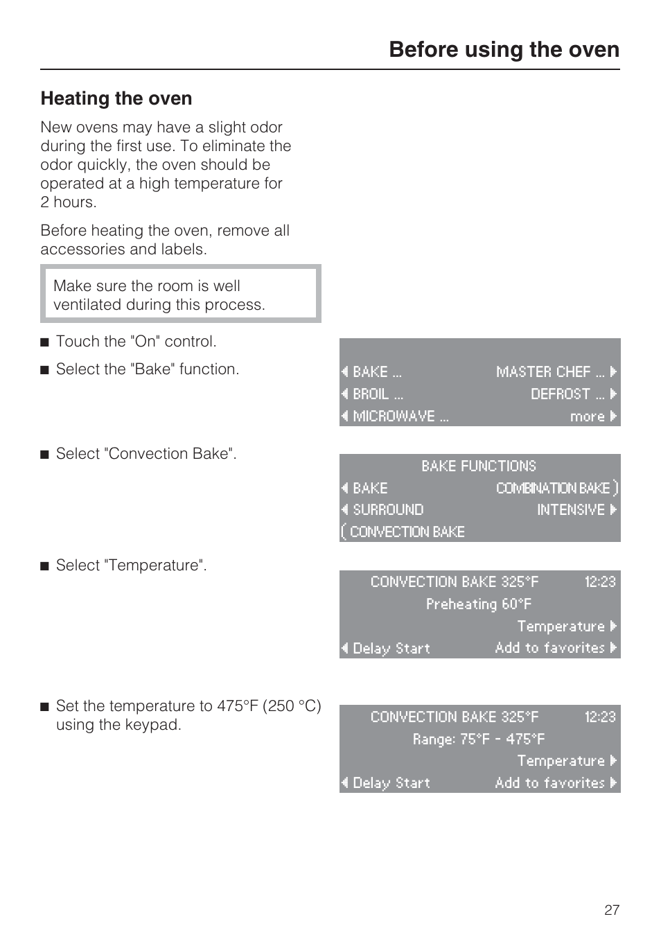 Heating the oven 27, Before using the oven, Heating the oven | Miele H 4088 BM User Manual | Page 27 / 72