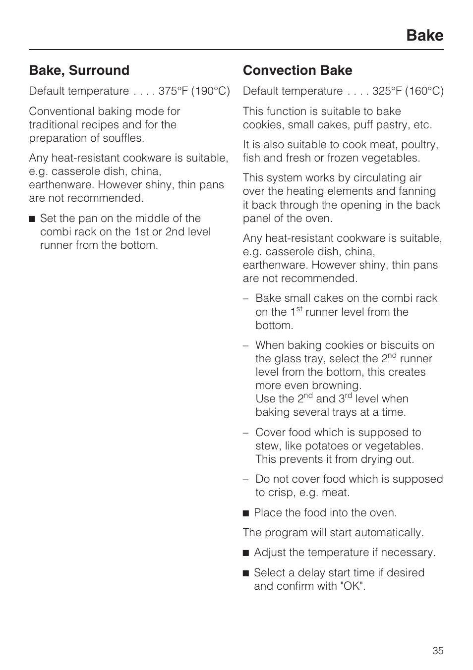 Bake 35, Bake, Bake, surround | Convection bake | Miele H 4088 BM User Manual | Page 35 / 72