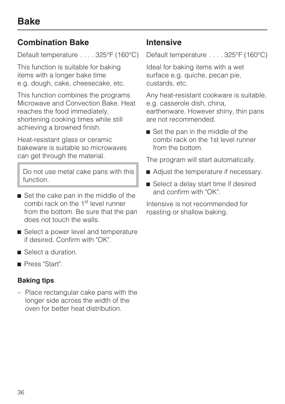 Bake, Combination bake, Intensive | Miele H 4088 BM User Manual | Page 36 / 72