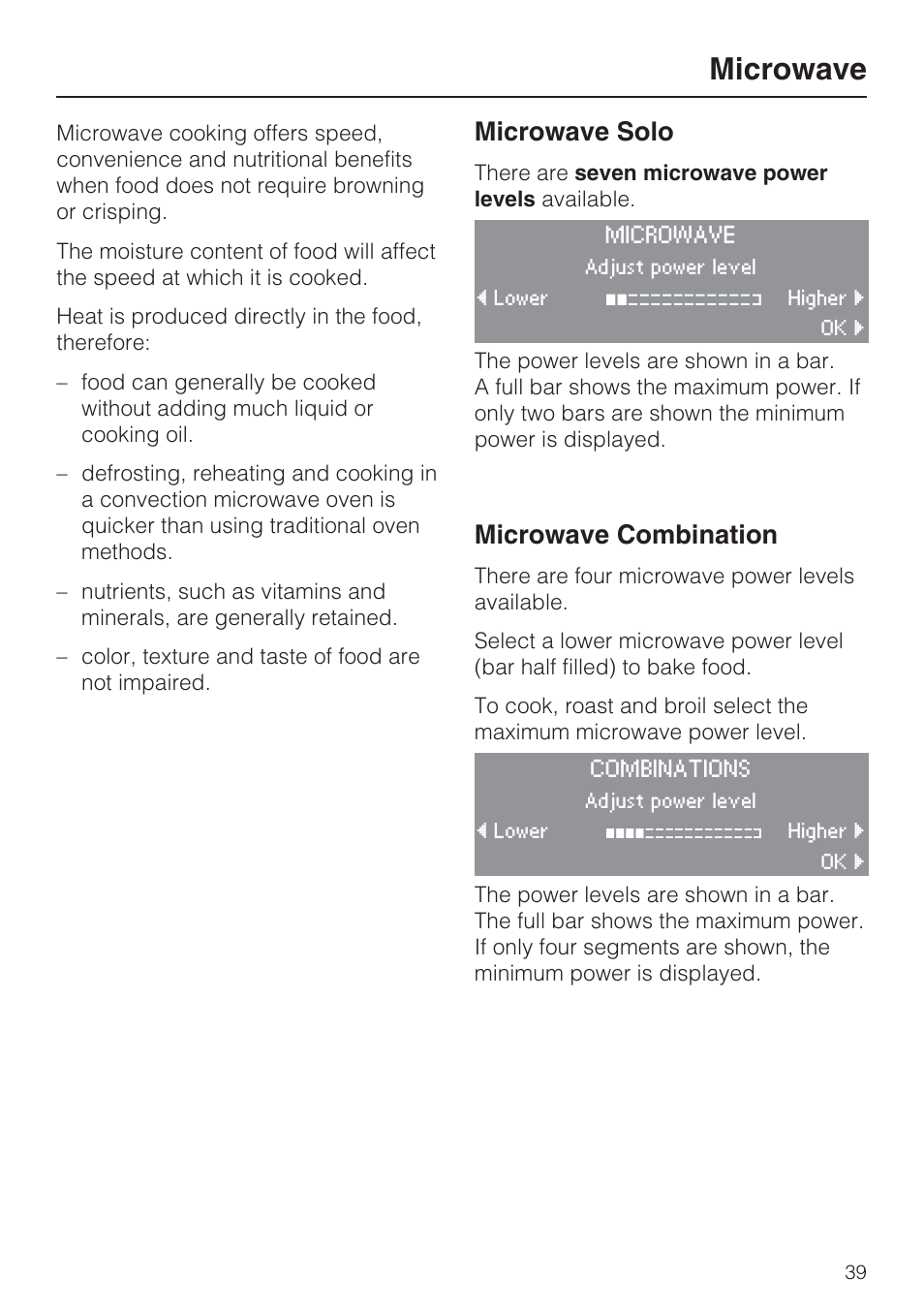 Microwave 39, Microwave, Microwave solo | Microwave combination | Miele H 4088 BM User Manual | Page 39 / 72