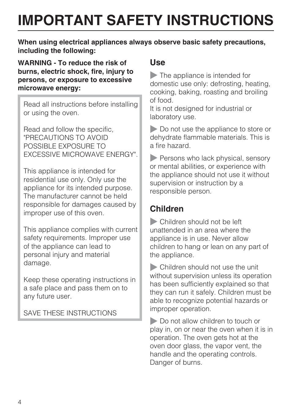 Important safety instructions 4, Important safety instructions | Miele H 4088 BM User Manual | Page 4 / 72