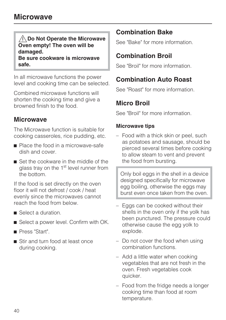 Microwave, Combination bake, Combination broil | Combination auto roast, Micro broil | Miele H 4088 BM User Manual | Page 40 / 72