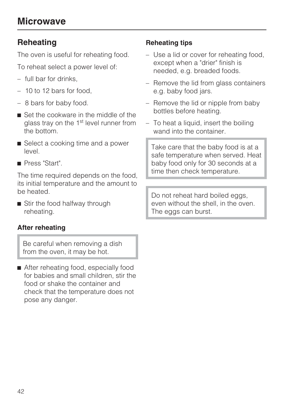 Microwave, Reheating | Miele H 4088 BM User Manual | Page 42 / 72