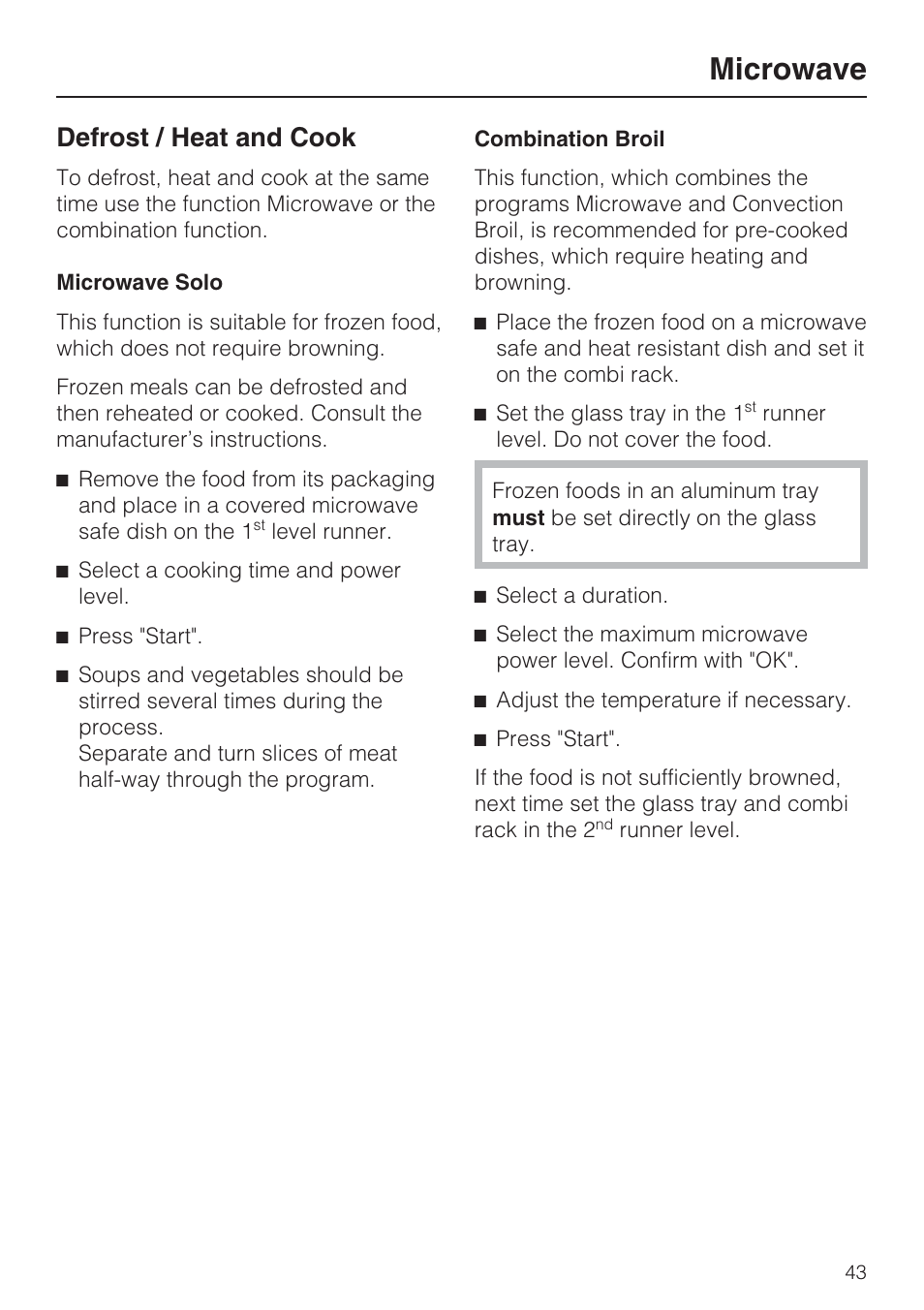 Defrost / heat and cook 43, Microwave, Defrost / heat and cook | Miele H 4088 BM User Manual | Page 43 / 72