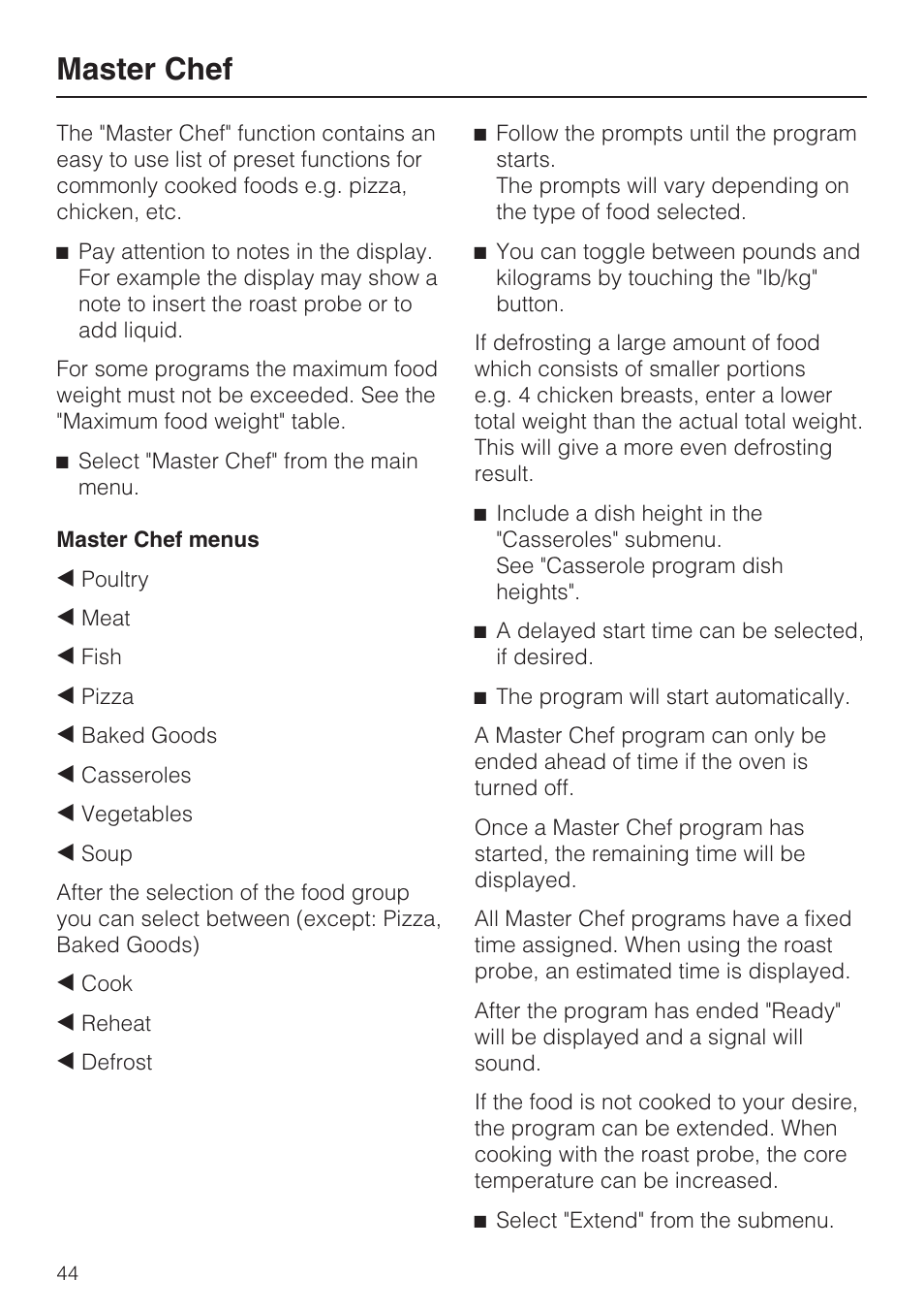 Master chef 44, Master chef | Miele H 4088 BM User Manual | Page 44 / 72