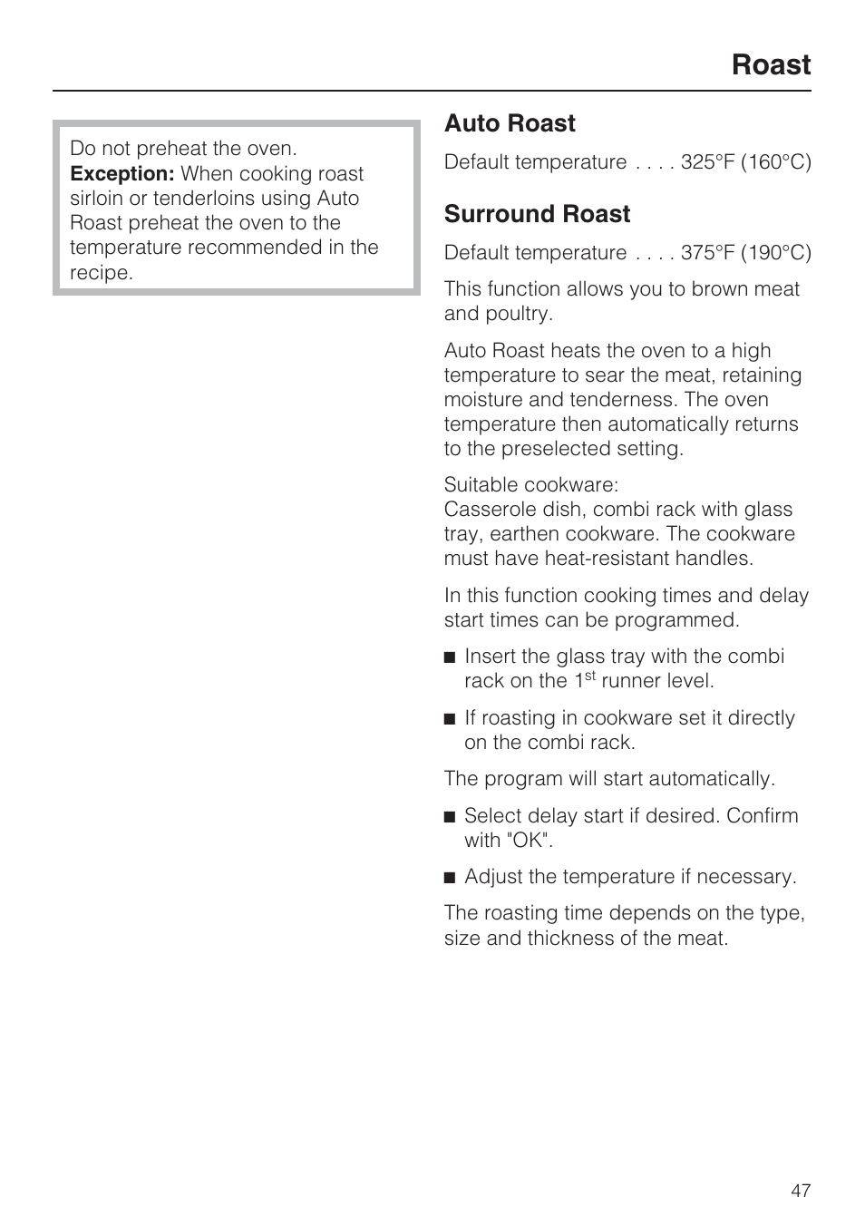 Roast 47, Roast, Auto roast | Surround roast | Miele H 4088 BM User Manual | Page 47 / 72