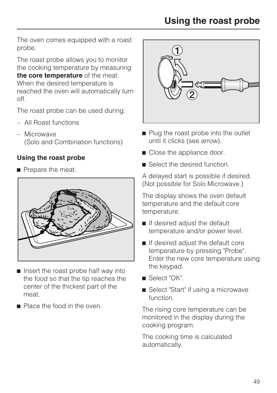 Using the roast probe 49, Using the roast probe | Miele H 4088 BM User Manual | Page 49 / 72