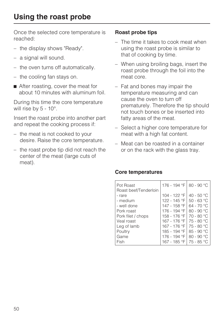 Using the roast probe | Miele H 4088 BM User Manual | Page 50 / 72