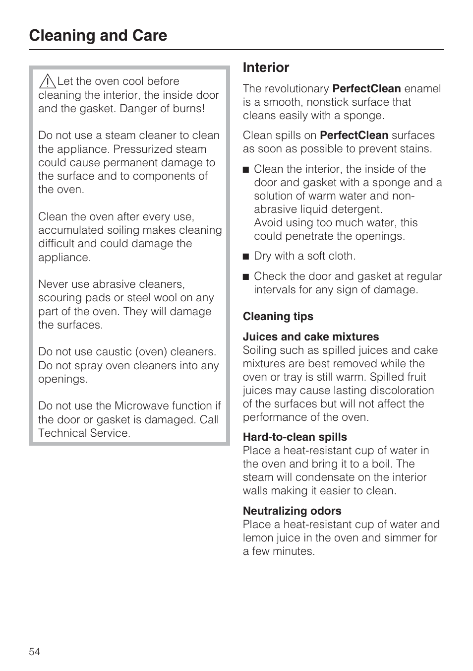 Cleaning and care 54, Interior 54, Cleaning and care | Interior | Miele H 4088 BM User Manual | Page 54 / 72