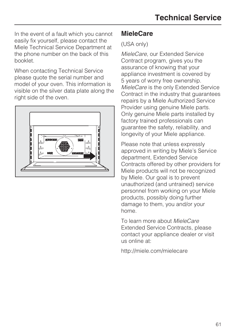 Technical service 61, Technical service, Mielecare | Miele H 4088 BM User Manual | Page 61 / 72