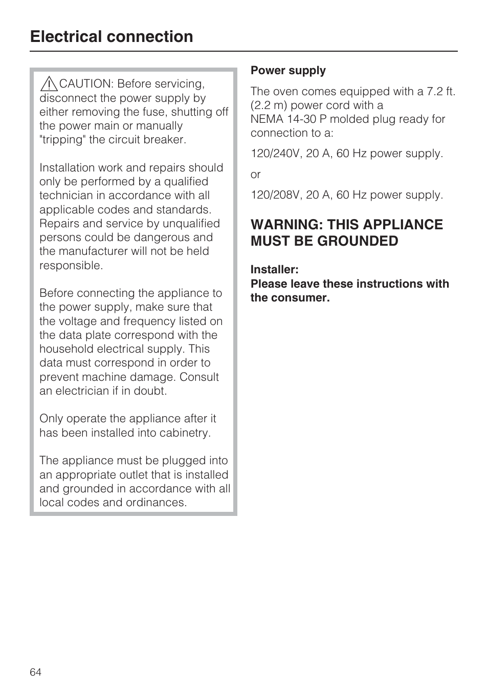 Electrical connection 64, Electrical connection, Warning: this appliance must be grounded | Miele H 4088 BM User Manual | Page 64 / 72
