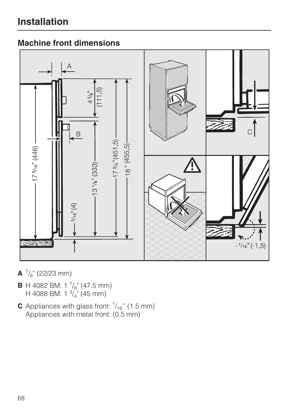Machine front dimensions 68, Installation, Machine front dimensions | Miele H 4088 BM User Manual | Page 68 / 72