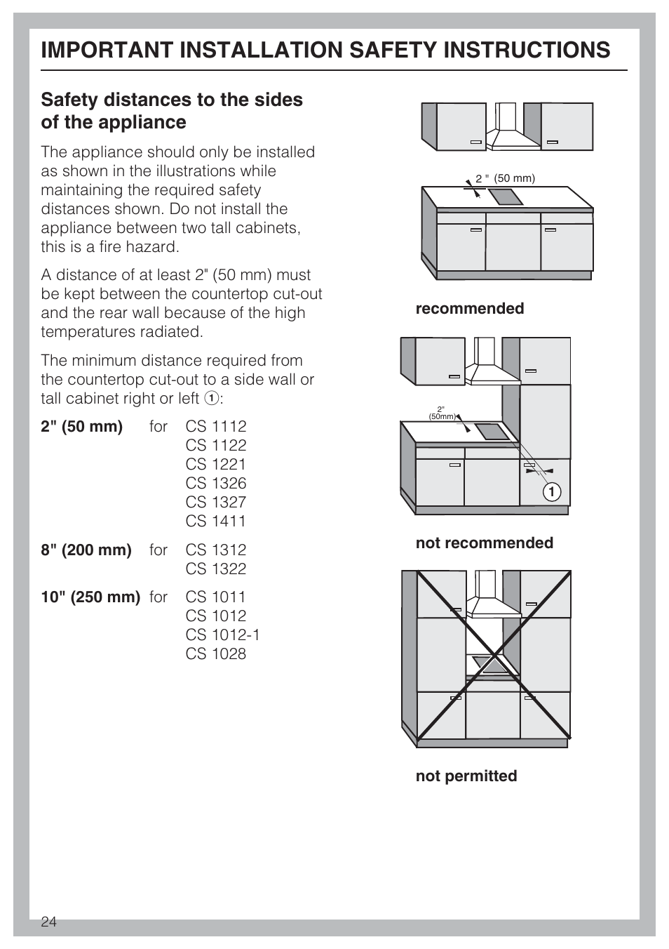 Important installation safety instructions, Safety distances to the sides of the appliance | Miele CS1322 User Manual | Page 24 / 40