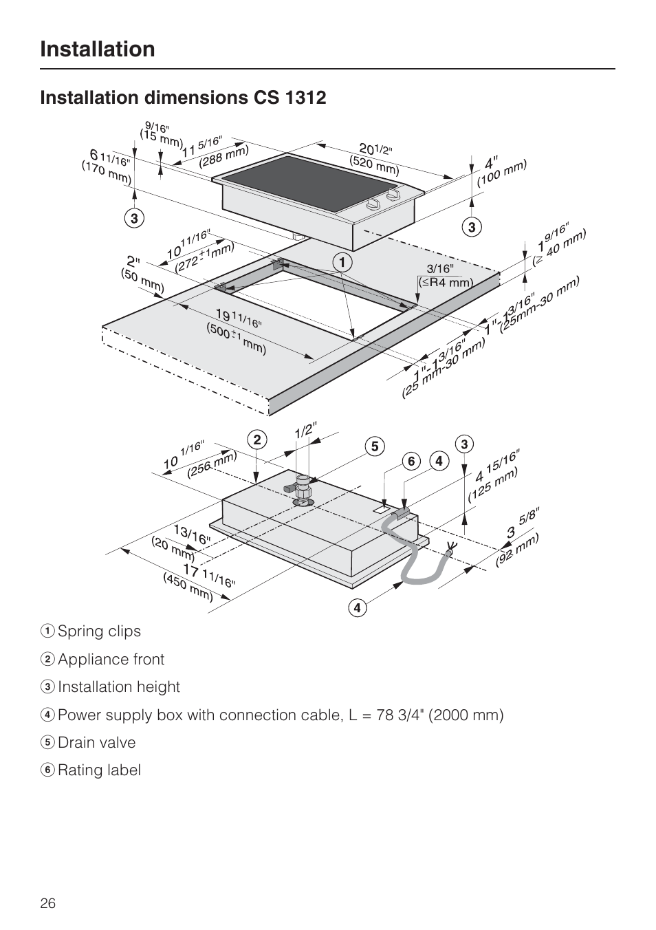 Installation dimensions cs 1312 26, Installation, Installation dimensions cs 1312 | Miele CS1322 User Manual | Page 26 / 40