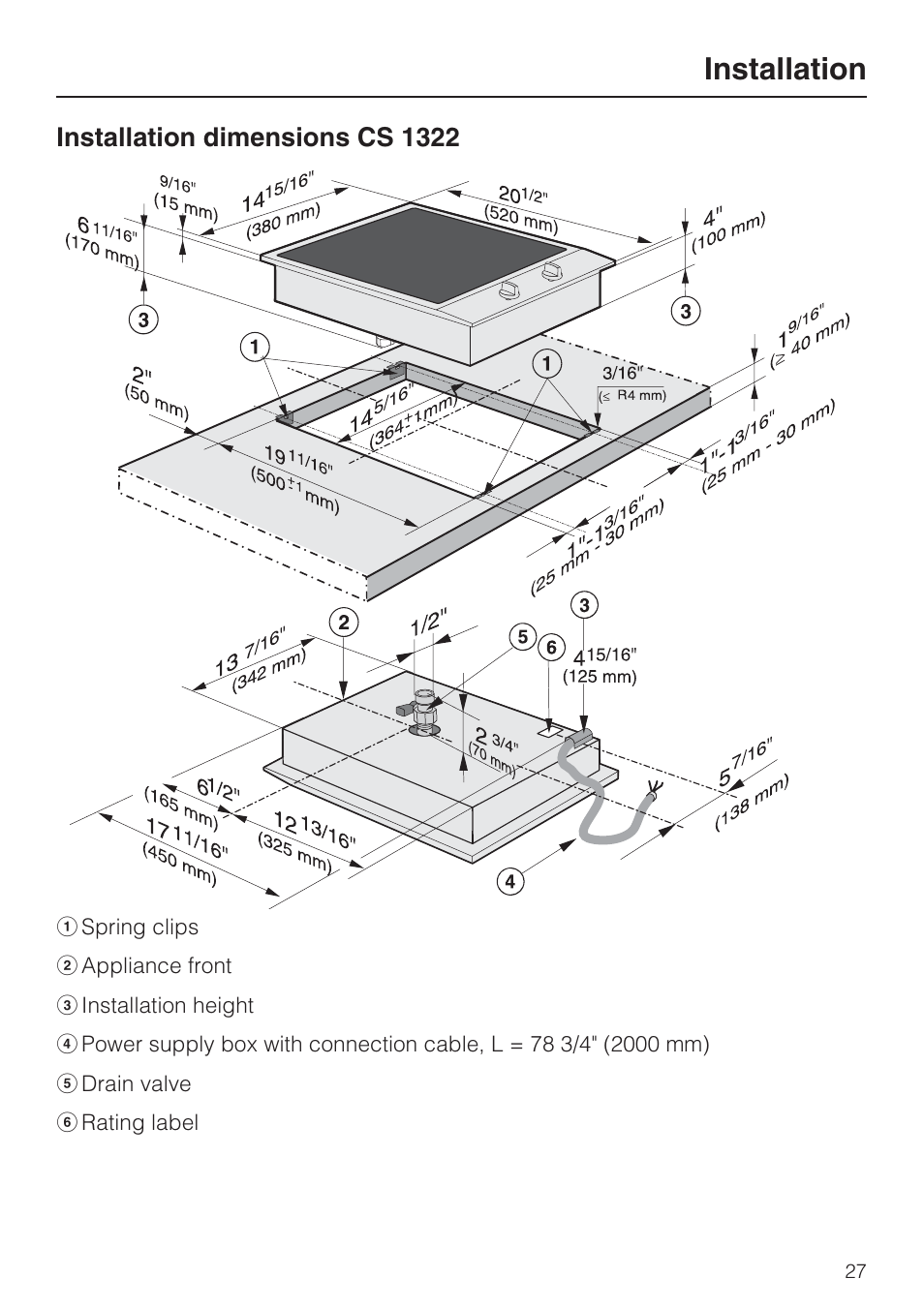 Installation dimensions cs 1322 27, Installation, Installation dimensions cs 1322 | Miele CS1322 User Manual | Page 27 / 40