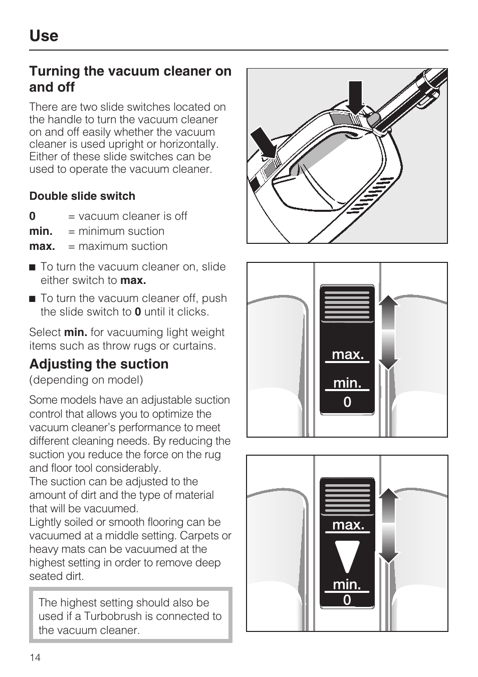 Turning the vacuum cleaner on and off 14, Adjusting the suction 14, Turning the vacuum cleaner on and off | Adjusting the suction | Miele S 190 User Manual | Page 14 / 32
