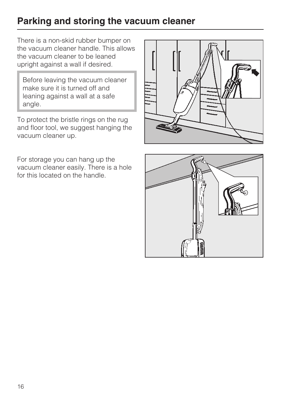 Parking and storing the vacuum cleaner 16, Parking and storing the vacuum cleaner | Miele S 190 User Manual | Page 16 / 32