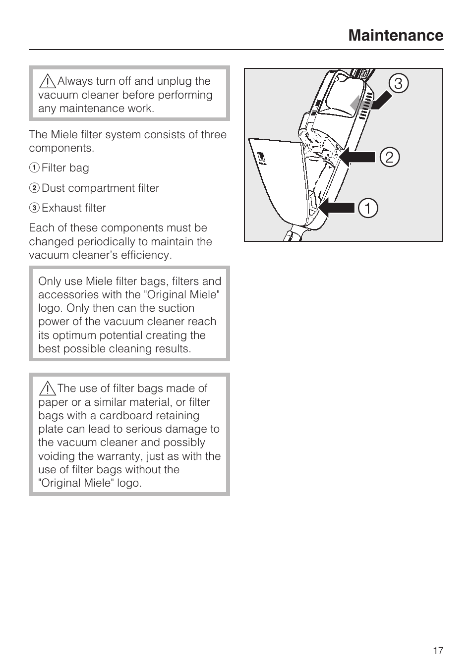Maintenance 17, Maintenance | Miele S 190 User Manual | Page 17 / 32