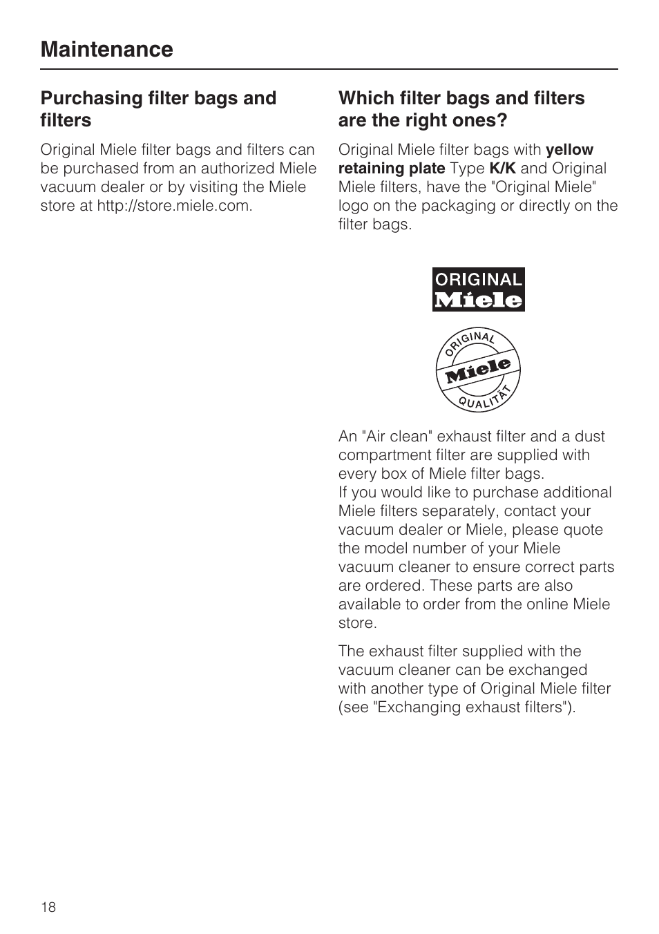 Purchasing filter bags and filters 18, Maintenance | Miele S 190 User Manual | Page 18 / 32