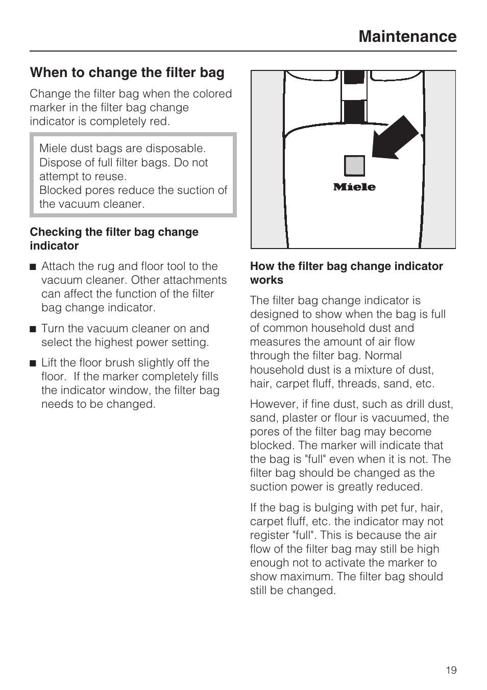 When to change the filter bag 19, Maintenance, When to change the filter bag | Miele S 190 User Manual | Page 19 / 32