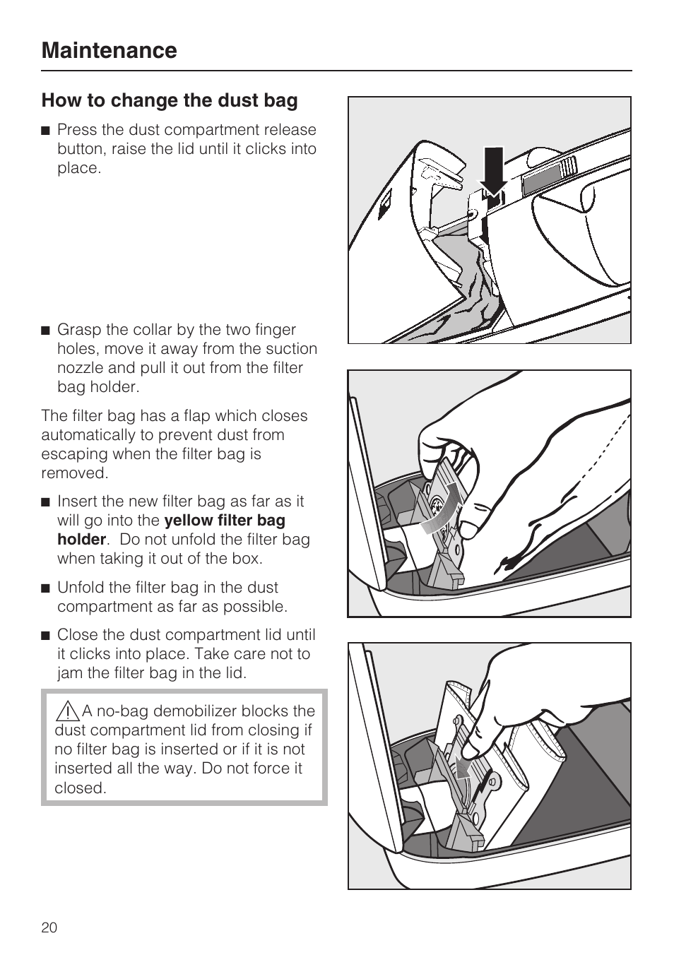 How to change the dust bag 20, Maintenance, How to change the dust bag | Miele S 190 User Manual | Page 20 / 32