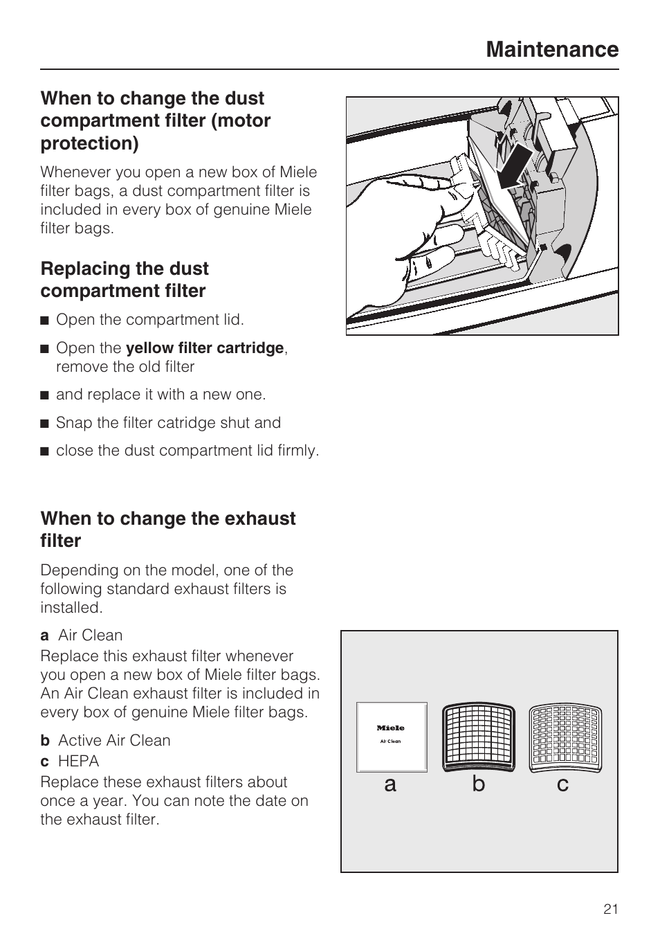 Replacing the dust compartment filter 21, When to change the exhaust filter 21, Maintenance | Miele S 190 User Manual | Page 21 / 32