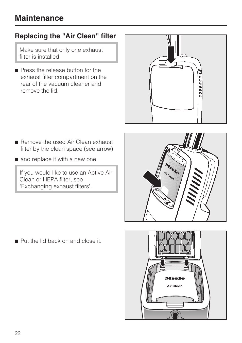 Replacing the "air clean" filter 22, Maintenance, Replacing the "air clean" filter | Miele S 190 User Manual | Page 22 / 32