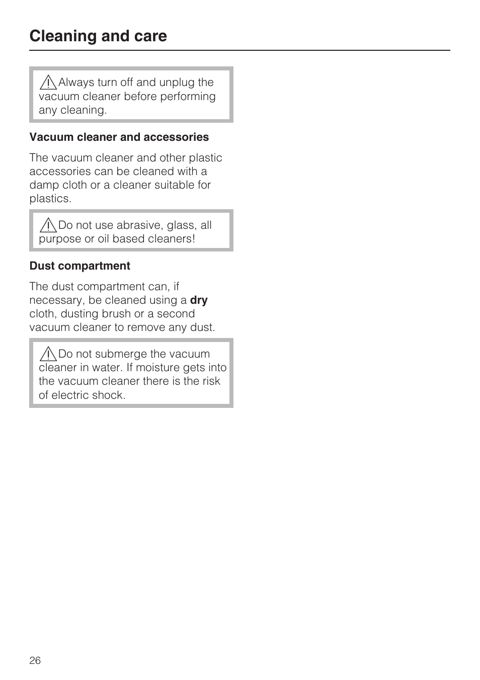Cleaning and care 26, Cleaning and care | Miele S 190 User Manual | Page 26 / 32