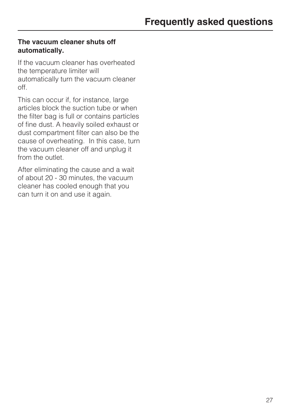 Frequently asked questions 27, Frequently asked questions | Miele S 190 User Manual | Page 27 / 32