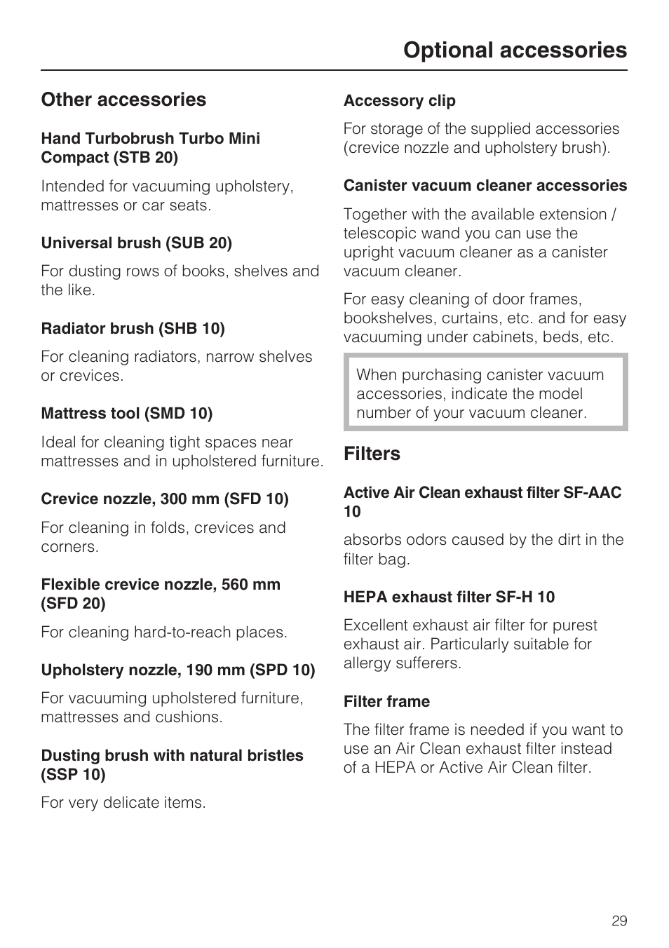 Optional accessories, Other accessories, Filters | Miele S 190 User Manual | Page 29 / 32