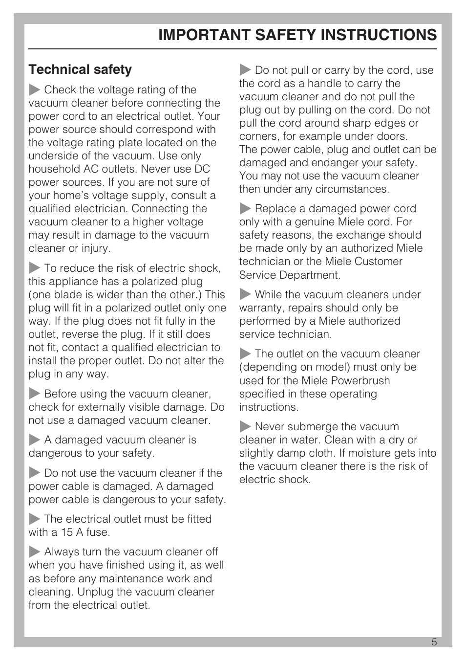 Important safety instructions | Miele S 190 User Manual | Page 5 / 32