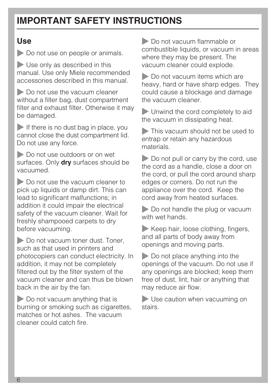 Important safety instructions | Miele S 190 User Manual | Page 6 / 32