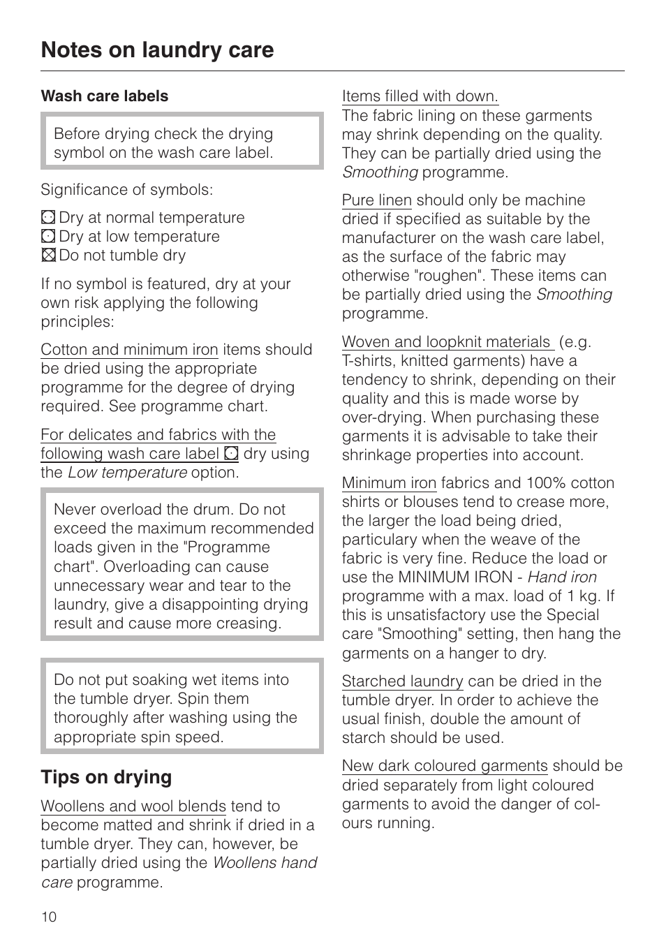 Notes on laundry care 10, Tips on drying | Miele T 4423 C User Manual | Page 10 / 48