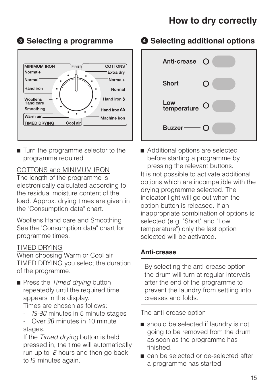 C selecting a programme 15, D selecting additional options 15, Anti-crease 15 | How to dry correctly, Cselecting a programme, Dselecting additional options | Miele T 4423 C User Manual | Page 15 / 48