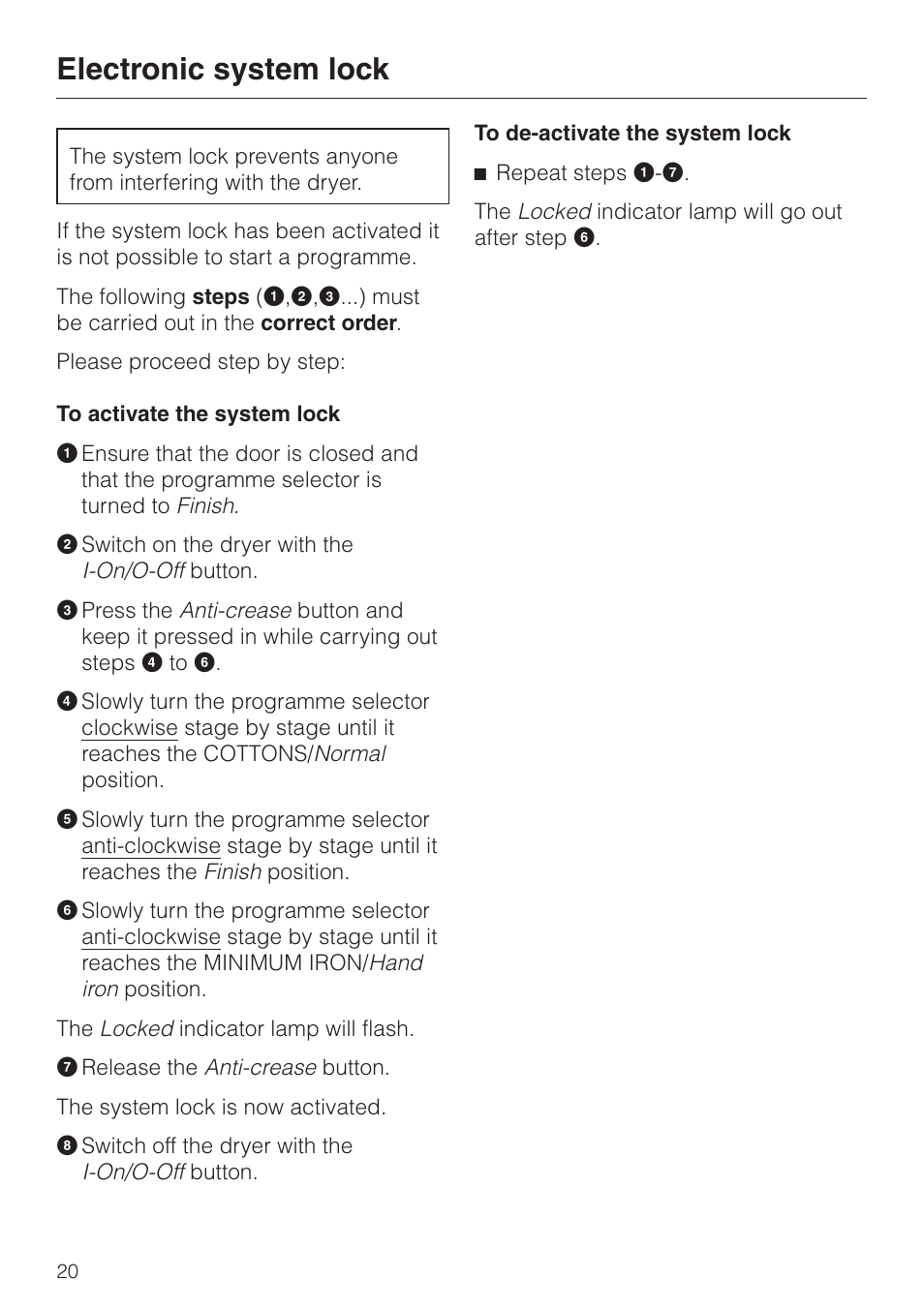 Electronic system lock 20, Electronic system lock | Miele T 4423 C User Manual | Page 20 / 48