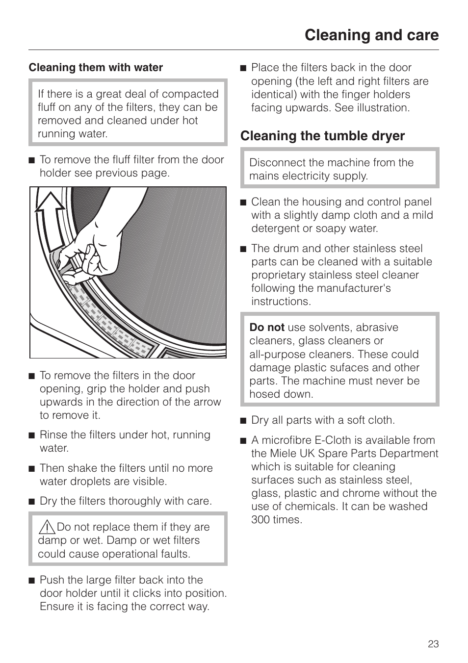 Cleaning them with water 23, Cleaning the tumble dryer 23, Cleaning and care | Cleaning the tumble dryer | Miele T 4423 C User Manual | Page 23 / 48