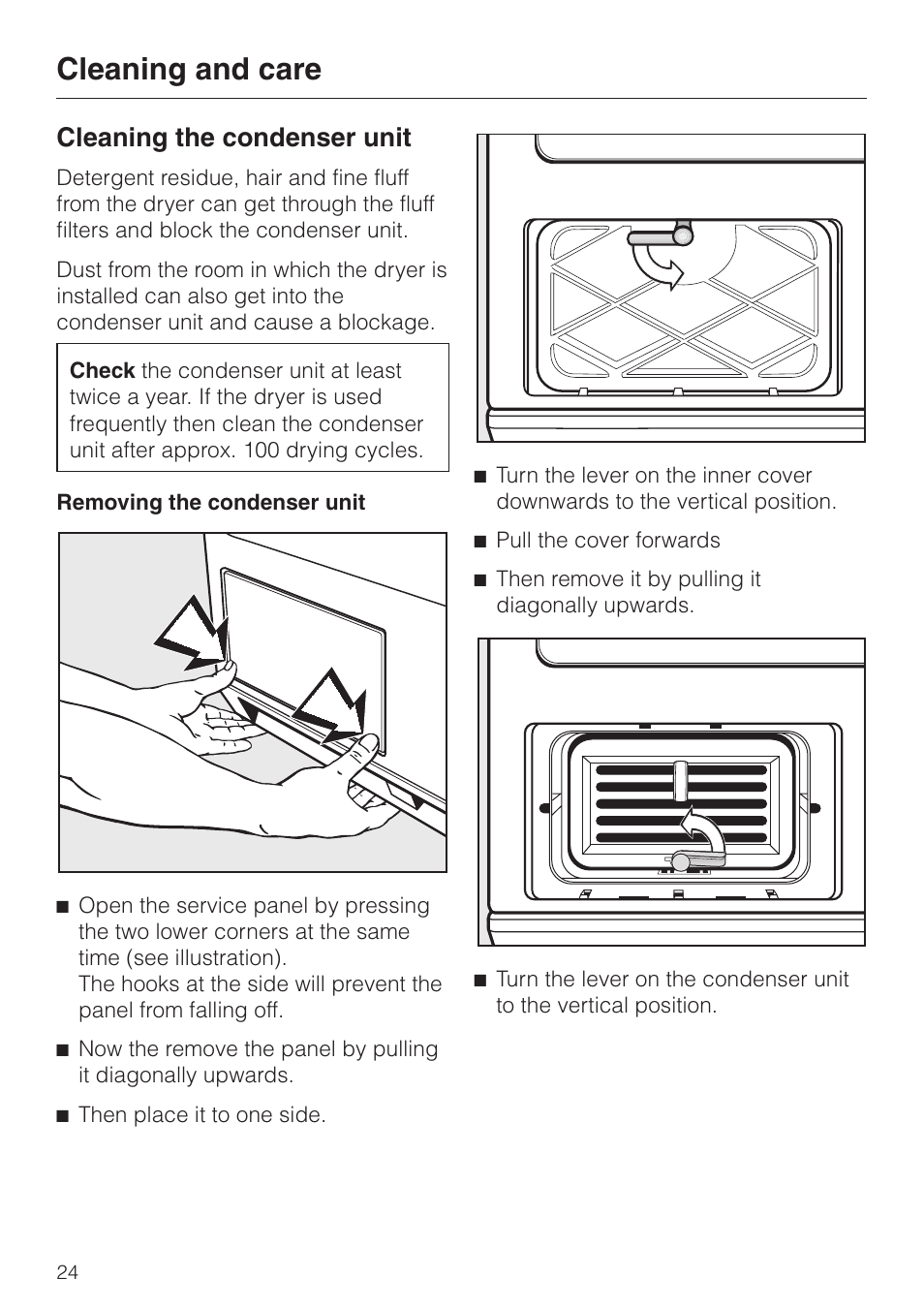 Cleaning the condenser unit 24, Removing the condenser unit 24, Cleaning and care | Cleaning the condenser unit | Miele T 4423 C User Manual | Page 24 / 48