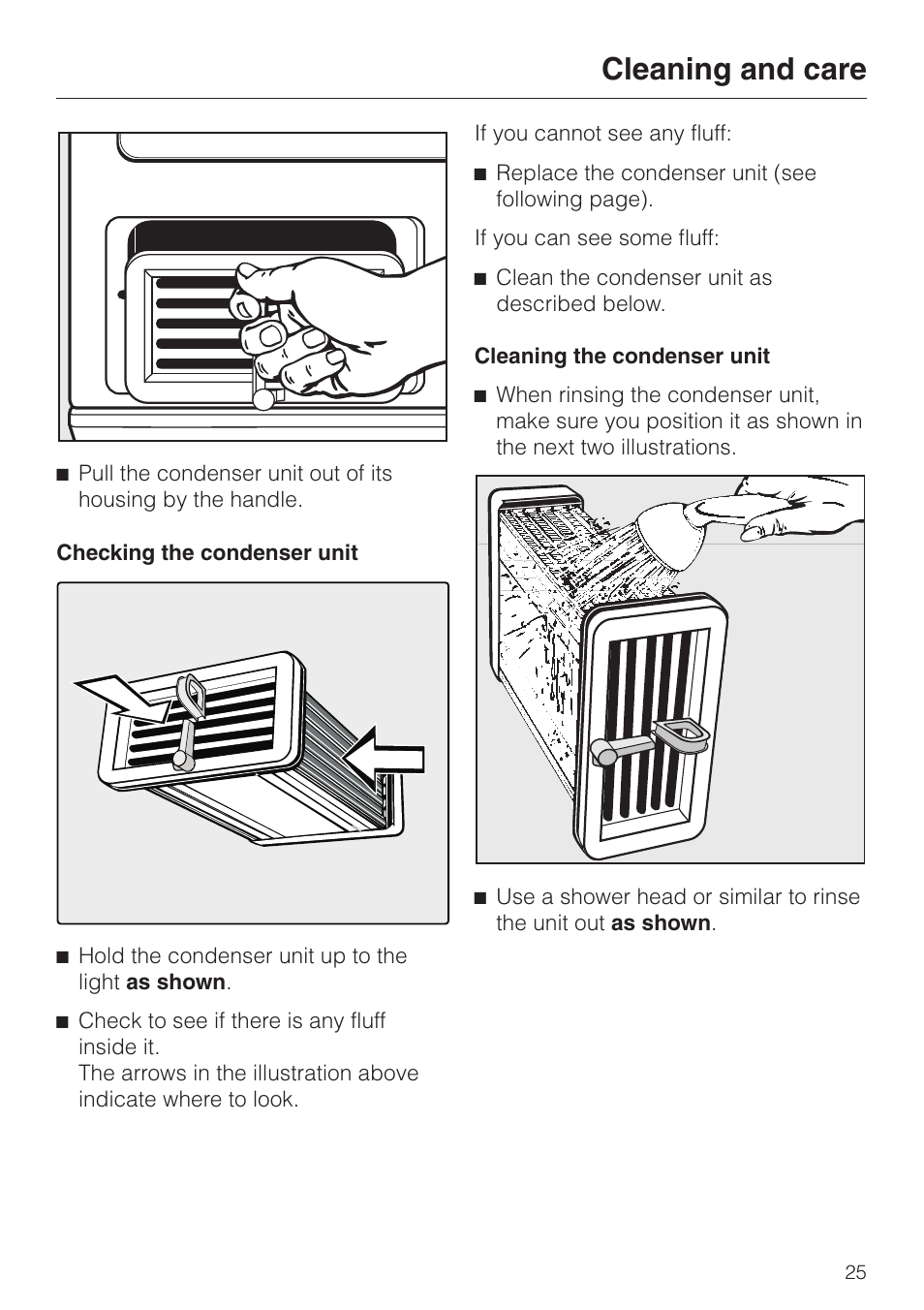 Checking the condenser unit 25, Cleaning the condenser unit 25, Cleaning and care | Miele T 4423 C User Manual | Page 25 / 48