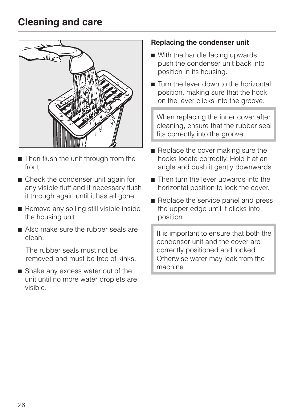 Replacing the condenser unit 26, Cleaning and care | Miele T 4423 C User Manual | Page 26 / 48