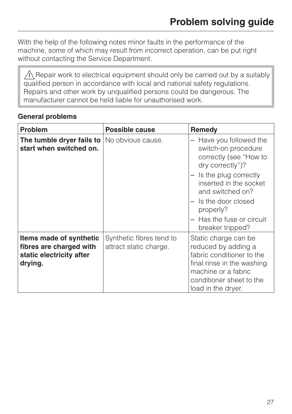 Problem solving guide 27, General problems 27, Problem solving guide | Miele T 4423 C User Manual | Page 27 / 48