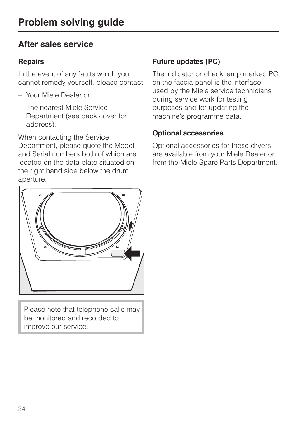 After sales service 34, Repairs 34, Future updates (pc) 34 | Optional accessories 34, Problem solving guide, After sales service | Miele T 4423 C User Manual | Page 34 / 48